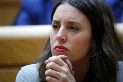 La ministra de Igualdad, Irene Montero, durante la comparecencia el 31 de enero de Pedro Sánchez en el Senado.