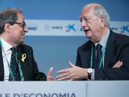 El presidente de la Generalitat, QuimTorra (I) y el del Círculo de Economía, Juan José Bruguera (D), en Sitges