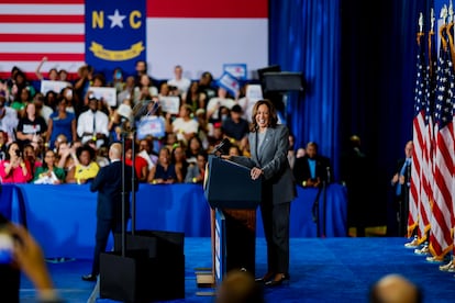 La vicepresidenta Kamala Harris participa en un evento de campaña en Greensboro, Carolina del Norte, el 11 de julio de 2024.