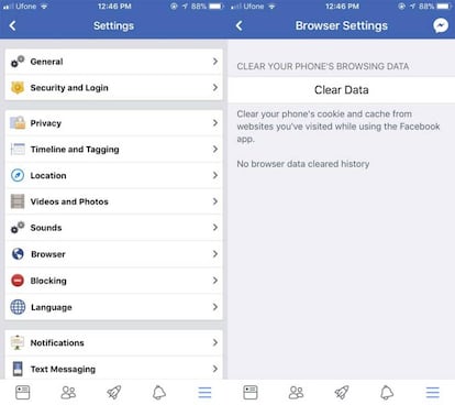 Desde aquí podemos borrar los datos de Facebook en la app