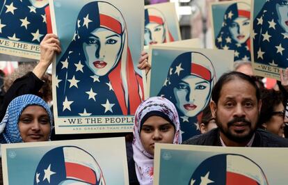 Manifestación contra el veto migratorio de Trump este mes en Nueva York