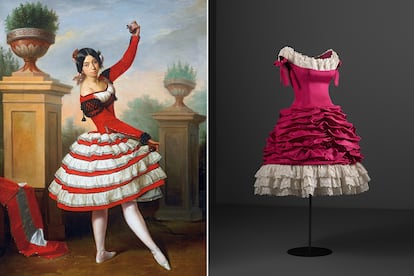 Otro momento goyesco, con volantes y escote similar en este cuadro de Antonio María Esquivel y Suárez de Urbina titulado La bailadora Josefa Vargas (1850) y perteneciente a la Colección de los Duques de Alba (Palacio de las Dueñas de Sevilla) y en el vestido de cóctel de tafetán de 1955 conservado en el Museo Balenciaga.