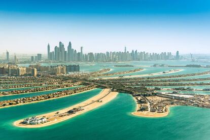 An artificial island shaped like a palm tree in Dubai, in the middle of the Persian Gulf. 