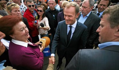 Donald Tusk, durante un acto electoral en Cracovia.