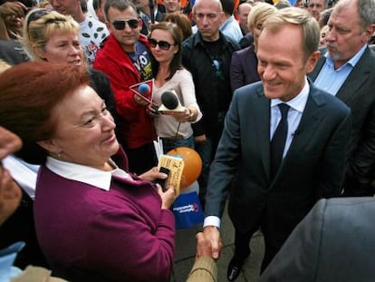 Donald Tusk, durante un acto electoral en Cracovia.