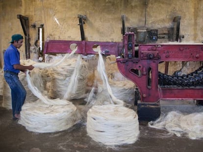 Máquina de peinado de sisal de la hacienda Aké, en funcionamiento desde hace más de un siglo.