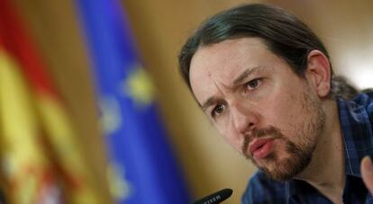 Pablo Iglesias, durant una trobada amb mitjans estrangers, divendres a Madrid.