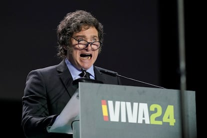 El presidente de Argentina, Javier Milei, en el acto organizado por el partido ultraderechista Vox en Madrid el pasado domingo.