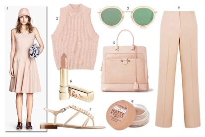 1. H&M. 2. Bershka Crop top de punto sin mangas. 3. Acne Studios Gafas de sol con montura de pasta y metal. 4. Bimba & Lola Pantalón de tiro alto. 5. Jason Wu Tote de piel y ante. 6. Dolce & Gabbana Barra de labios. 7. Chanel Sandalia de piel con perlas en el empeine. 8. Maybelline Base de maquillaje 'Dream Matte Mousse'.