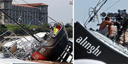 El barco <b><i>Emirates Team New Zealand</b></i>, tras la tormenta en Marsella. A la derecha, un tripulante sobre la cubierta del <b><i>Alinghi</b></i> dañado.