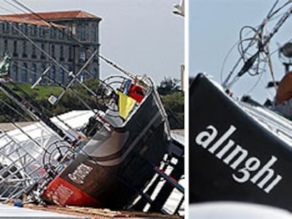 El barco <b><i>Emirates Team New Zealand</b></i>, tras la tormenta en Marsella. A la derecha, un tripulante sobre la cubierta del <b><i>Alinghi</b></i> dañado.