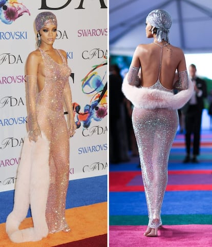 Inspirándose en el vestido que lució Marylin Monroe en el cumpleaños de Kennedy, Rihanna acudió a la entrega de los premios de la moda estadounidense ataviada con un vestido transparente, con guantes y gorro a juego, hecho con miles de cristales Swarovski.
