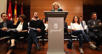 Manuela Carmena en una rueda de prensa en el Ayuntamiento de Madrid.