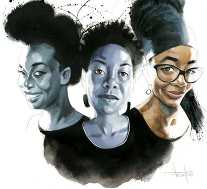 De izquierda a derecha, Chimamanda Ngozi Adichie, NoViolet Bulawayo y Nnedi Okorafor, vistas por Fernardo Vicente.