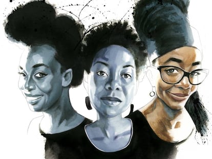 De izquierda a derecha, Chimamanda Ngozi Adichie, NoViolet Bulawayo y Nnedi Okorafor, vistas por Fernardo Vicente.