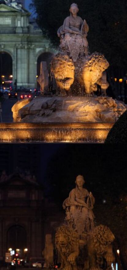 La Cibeles y la Puerta de Alcalá con luz y sin en ella.