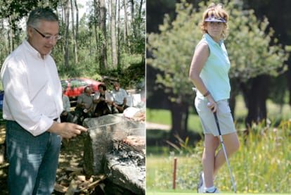 José Blanco prepara una barbacoa en verano de 2007. Al lado, Esperanza Aguirre, juega al golf en Ávila el pasado mes de julio.