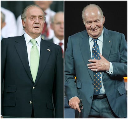 Former King Juan Carlos in 2008 and 2018. Over the past 10 years, Juan Carlos has undergone various surgeries on his hip and knee and now uses a cane.