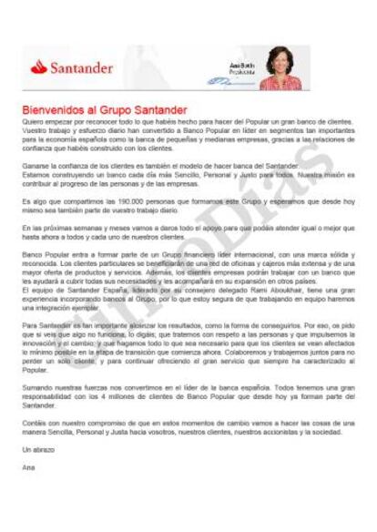 Carta de Ana Botín, presidenta de Santander, a los empleados de Popular.