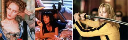 De izquierda a derecha, Uma Thurman, en <i>Vatel, Pulp Fiction </i><b>
</b>y <i>Kill BilI.</i>