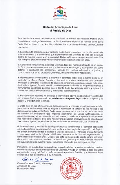 Carta del Arzobispo de Lima sobre la denuncia de pederastia en la Iglesia