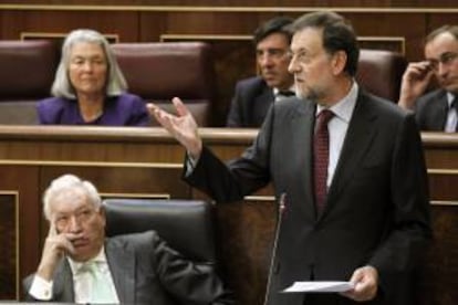 El presidente del Gobierno, Mariano Rajoy, durante su intervención hoy en la sesión de control al Ejecutivo en el Congreso.