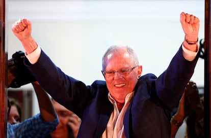 Pedro Pablo Kuczynski greets supporters on Sunday night.