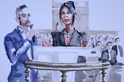 'Sketch' of Kim Kardashian's statement before court, this May 13. In judicial processes in France, there are no records or images or sound.