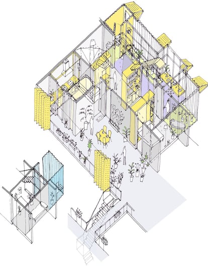 Cambios posibles en una vivienda existente, mediante nuevos muebles de madera que flexibilizan los espacios y una habiatacion satelite que permite una cierta independencia dentro de un nucleo familiar. La ampliación en fachada y la terraza interior compartida introducen un espacio indeterminado y flexible que pueda ser utilizado de maneras dferentes por cada habitante en cada momento.