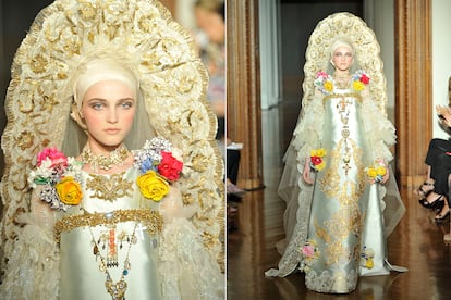 Este vestido, inspirado en la iconografía religiosa, pondría el broche final a uno de los desfiles más emocionantes de la Alta Costura: la última colección de Christian Lacroix en otoño de 2009.