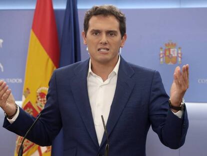 Rueda de prensa del presidente de Ciudadanos, Albert Rivera, en el Congreso, el pasado 9 de julio de 2019.
