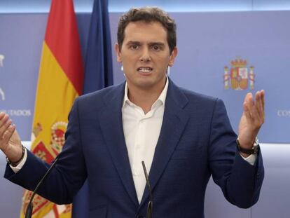 Rueda de prensa del presidente de Ciudadanos, Albert Rivera, en el Congreso, el pasado 9 de julio de 2019. 