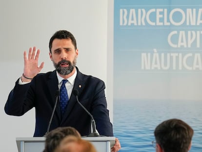 El consejero de Empresa y Trabajo de la Generalitat, Roger Torrent, durante la presentación oficial este mediodía de la Fundación Barcelona Capital Náutica.