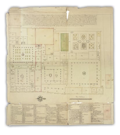 Plano de la casa-palacio de los duques de Medina Sidonia en Sevilla, hoy desaparecido. Guarda la estructura típica que adoptaron para sus nuevas viviendas los comerciantes de esclavos en Cádiz.