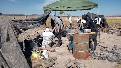 Peritos y miembros del colectivo 'Guerreros Buscadores de Jalisco' durante el hallazgo de un crematorio clandestino en Teuchitlán, Jalisco