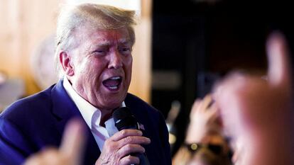 Republican presidential candidate and former U.S. President Donald Trump speaks as he campaigns at the Iowa State Fair in Des Moines, Iowa, U.S. August 12, 2023.