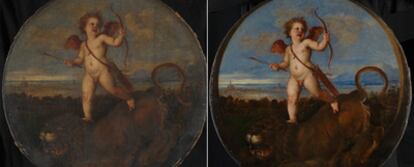 <i>El triunfo del amor, </i>de Tiziano, antes y después de ser restaurado.