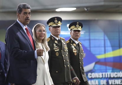 Venezuelan President Nicolás Maduro with Defense Minister General Vladimir Padrino López  (2nd r)leaving the Supreme Court of Justice in Caracas on July 31, 2024.