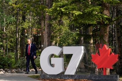 Donald Trump llega a la bienvenida oficial de la Cumbre del G7, en Kananaskis, Canadá, este lunes.