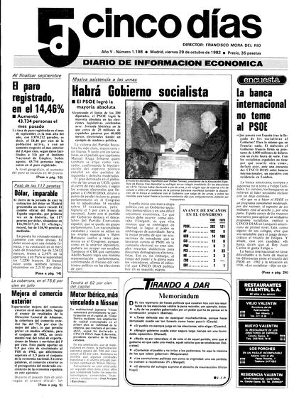 1982: la izquierda llega al Gobierno. 	El Partido Socialista gana las elecciones generales con una mayoría abrumadora, en paralelo a los temores desatados con la llegada de Mitterrand al Elíseo en Francia y la oleada de nacionalizaciones de su Gobierno. El PSOE aceleró la transformación de la economía de la industria a los servicios.