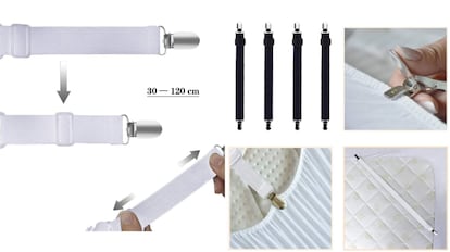 tirantes para fundas, cubrecolchones y sábanas, tirantes ajustables para sábanas, accesorios cama, accesorios cama amazon, tirantes sábana bajera, tirantes sujetar sábanas, clip sábanas, clip sujetador elástico para sábanas