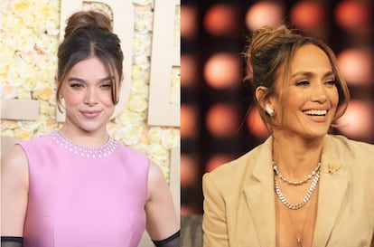 Después de la melena ondulada el moño italiano que enmarca el rostro con dos mechones es el peinado estrella de este corte. En la imagen, Hailee Steinfeld y Jennifer Lopez. 