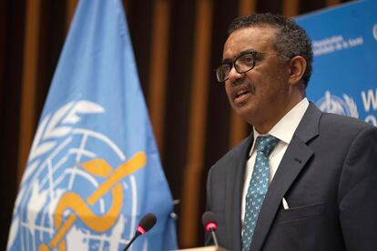 El director general de la Organización Mundial de la Salud, Tedros Adhanom Ghebreyesus, durante un discurso el 18 de mayo.