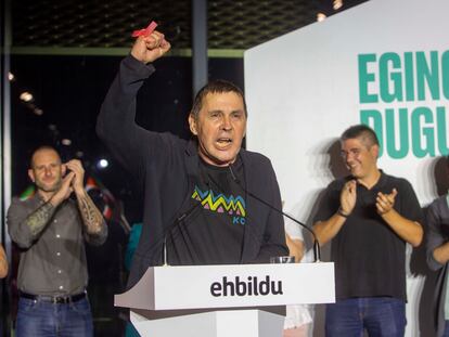 Arnaldo Otegi celebra el pasado lunes los resultados electorales de EH Bildu en los comicios locales del 28-M.