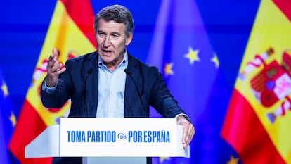 Alberto Núñez Feijóo, este domingo, en la clausura del Congreso Nacional del PP.
