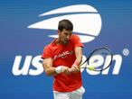 NEW YORK, NEW YORK - AUGUST 28: Novak Djokovic of Serbia returns the ball during a practice session prior to the start of the 2021 US Open at USTA Billie Jean King National Tennis Center on August 28, 2021 in the Queens borough of New York City.   Sarah Stier/Getty Images/AFP
== FOR NEWSPAPERS, INTERNET, TELCOS & TELEVISION USE ONLY ==