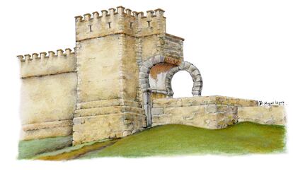 Reconstrucción de la torre de entrada del castillo de Alcalá la Vieja.