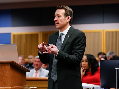 Attorney Adam Abbate speaks during a hearing on the Georgia election interference case, at the Fulton County Courthouse, Atlanta, Georgia, USA, March 01, 2024.