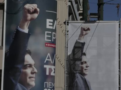 Cartells electorals d'Alexis Tsipras, líder de Syriza, partit que lidera els sondejos a Grècia.