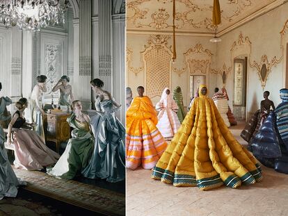 A la izquierda, diseños de Charles James fotografiados por Cecil Beaton (1948); a la derecha, colección Moncler Genius de Pierpaolo Piccioli (2019). Foto: Cecil Beaton / getty images, cortesía de Moncler